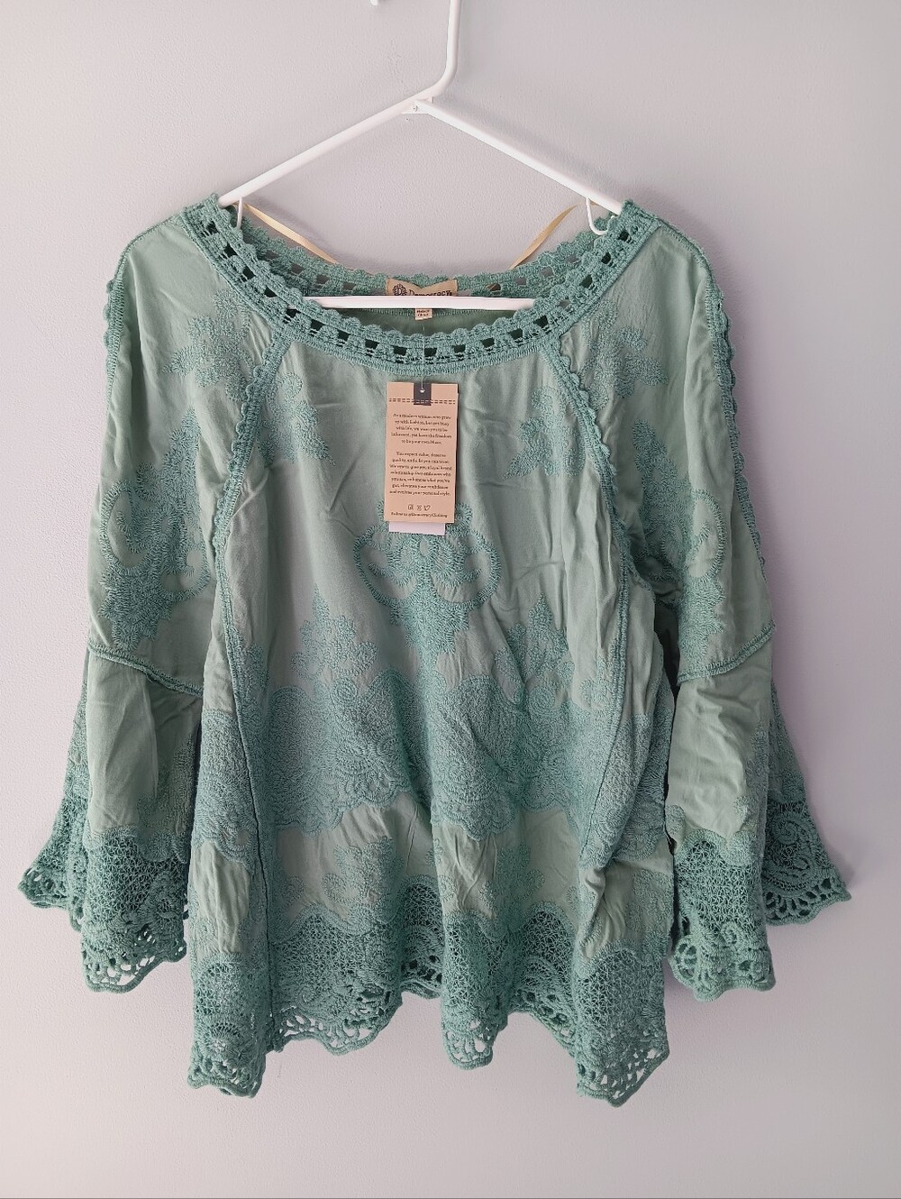 Democracy Boho Lace Embroidered Blouse Long Bell Sleeves Aqua Blue Small - Picture 14 of 14